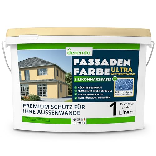 derendo Silikonharz Fassadenfarbe Gelb ULTRA Wetterschutz Sandgelb 1l aussen Fassade Silikonharzfarbe mit Abperleffekt Lotus Blatt Fassadenschutz Schmutzabweisende Silikonharzbeschichtung