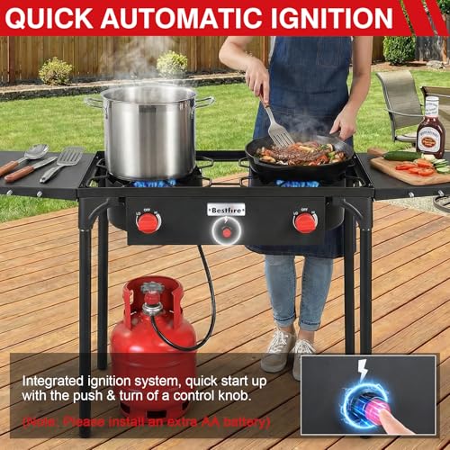Image of Bestfire 2 burner Camping Stove with Auto Ignition Button,Side Shelves & Regulator150,000 BTU High Pressure Gas Stove Propane Burner With Removable Legs for Outdoor BBQ&Backyard Cooking Camping Home