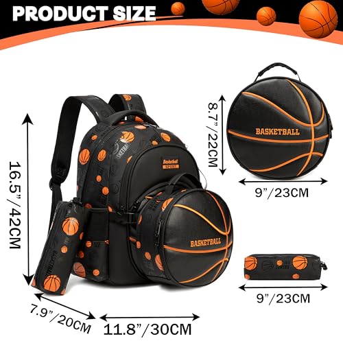 Image of Boys' School Backpack with Lunch Box and Pencil Case - Ideal for Teens and Middle School Students, Black Basketball