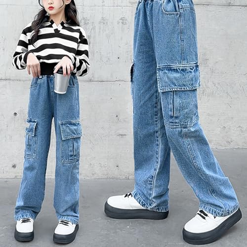 KAGAYD Girls Wide Leg Jeans Baggy Barrel Cropped Ankle Length Denim Pants Elastic Waist with Pockets Kids2