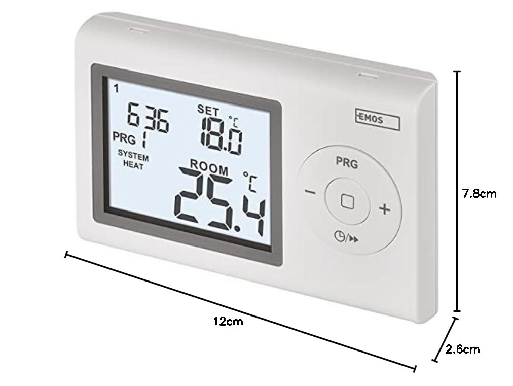 EMOS termostato Digital LCD programable, con Cable, 5–35 °C, calefacción/refrigeración, Montaje en Superficie, protección antihielo, batería incluida, Blanco