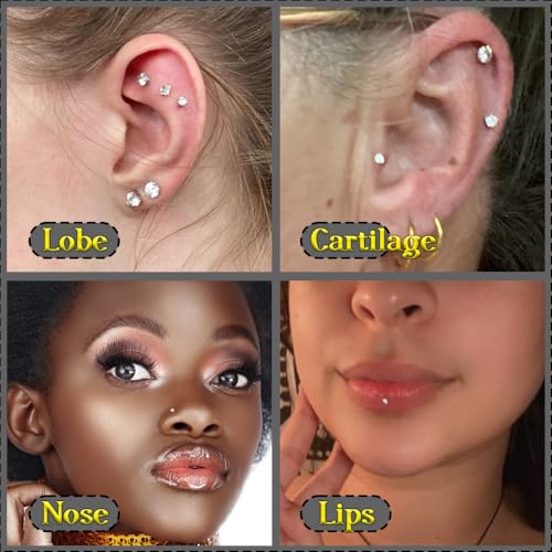 PunkTracker 16g/18g/20g Titanium Internal Thread CZ Stud Piercing Jewelry for Tragus Nose Helix Medusa Lip Labret - Helix Tragus Cartilage Earring for Women Men 3PCS4