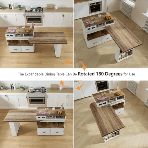 Image of Kitchen Islands with Extendable Dining Table Rolling Islands Power Outlet Mobile Storage Islands Cart on Wheels with Drawers and 2 Side Open Shelves for Dining Room, White