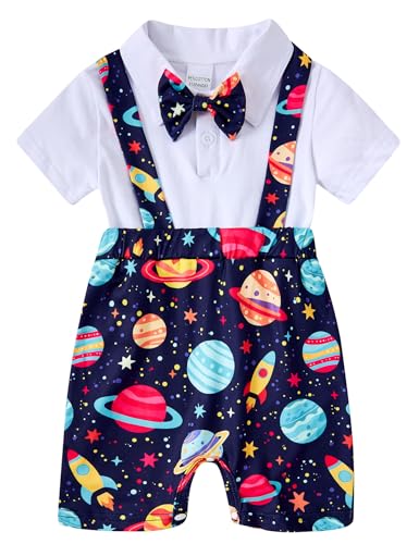 Image of BFUSTYLE Baby Boy Clothes 2 in 1 Outfits 0-24 Months Romper Short Sleeve Infant Bodysuit with Bowtie