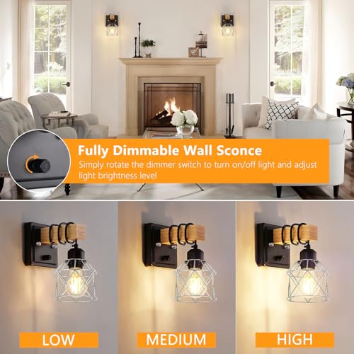 Image of FadimiKoo Wall Sconces Set of Two, Bedside Wood Wall Lamps with Rotary Switch, Black Bathroom Vanity Light with Silver Wire Cage, Rustic Dimmable Sconces Wall Lighting for Living Room, Hallway, Mirror