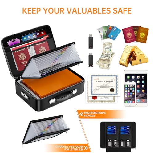 Fireproof File Organizer with Fireproof Zipper,Fireproof Document Box Hard Case with Lock,Portable Document Safe for Important Document Laptop Valuables(Black,15.8"x4.8"x12.6")3