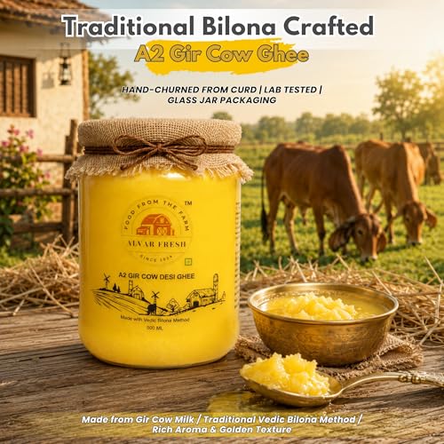 Image of Alvar Fresh A2 Gir Cow Desi Ghee 500ml | Traditional Vedic Bilona Method | Pure Cultured Ghee from Gir Cow Milk | Natural Aroma & Rich Taste | Premium Glass Jar Packaging