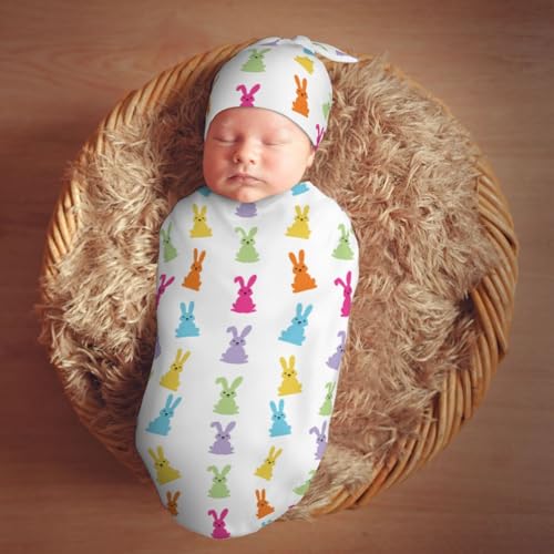 Image of Easter Cute Colorful Bunny Swaddle Blanket with Beanie Hat Set Newborn Receiving Blankets Baby Swaddle Wrap Soft Swaddle Blankets for Baby Boys and Girls