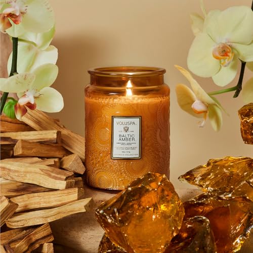 Image of Voluspa Baltic Amber Large Scented Candle Jar 18 Oz, 100 Hr Burn | Coconut Wax Blend in Decorative Glass, Clean Even Burn, USA Handcrafted Gift for Hosts, Fragrance Lovers & Relaxed Rooms