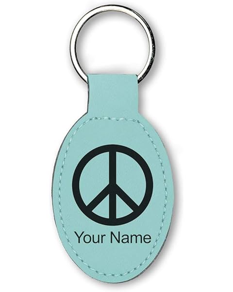 LaserGram Oval Keychain, Peace Sign, Personalized Engraving Included