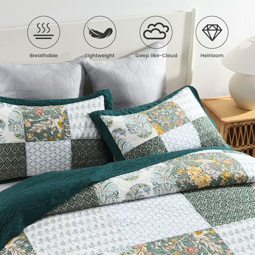 Secgo King Size Comforter Set- 100% Cotton Quilt King Size Set, Green, Emerald, bedspreads (98 * 106 Inch) with 2 Pillow Shams, Patchwork Reversible Lightweight Bedding