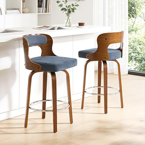 Image of Swivel Bar Stools Set of 2, 26 inch Counter Height Bar Stools, Mid-Century Modern PU Leather Modern Island Chairs with Back and Footrest, for Kitchen, Bar, Restaurant, Cafe, Blue-Gray