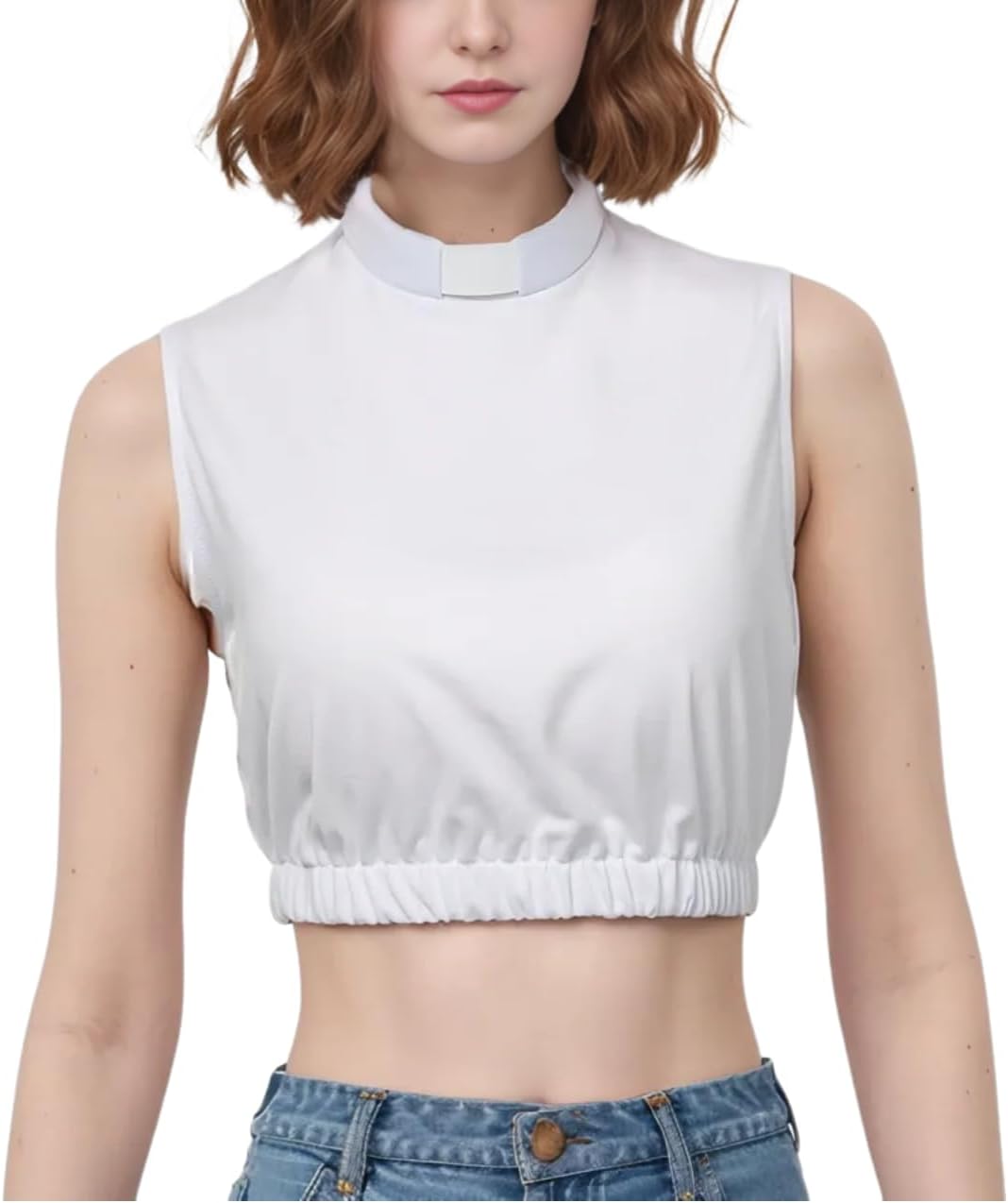 Women's Clergy Crop Top Sleeveless T-Shirt Tab Collar Clergy Priest Church Clergy Bib