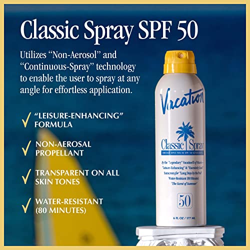 Vacation Classic Spray Sunscreen SPF 50 3-Pack, Broad Spectrum Sunscreen Spray, Vegan Sunblock Spray, Body Lotion with SPF, Spray Sunscreen SPF 50, 6 fl. oz. (Pack of 3)