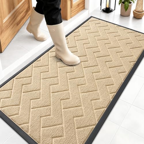 Image of OLANLY Front Door Mat Indoor Outdoor Entrance, Waterproof All-Season, All-Weather Doormat, Sturdy Natural Rubber, Low Profile, Easy Clean Patio Porch Entryway Mat, Herringbone Brick (Beige, 47x23)