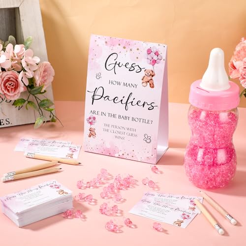Image of Roowest 512 Pcs Baby Shower Games Guess How Many Pacifiers Sign 100 Small Guessing Games 10 HB Pencils 750ml Milk Bottle 400 Acrylic Pacifiers Decoration for Guest Gender Reveal(Pink,Bear)