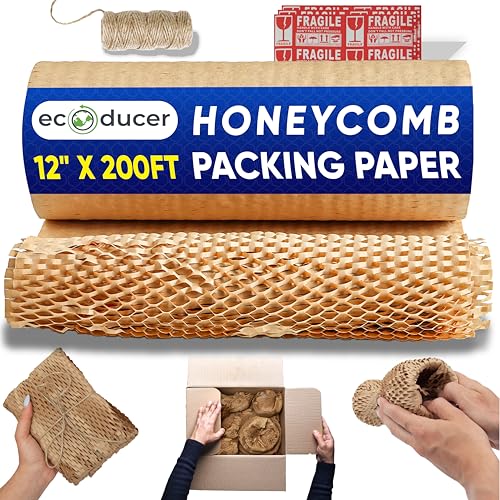 ecoducer 12”x200’ Honeycomb Packing Paper for Moving plus Fragile Stickers