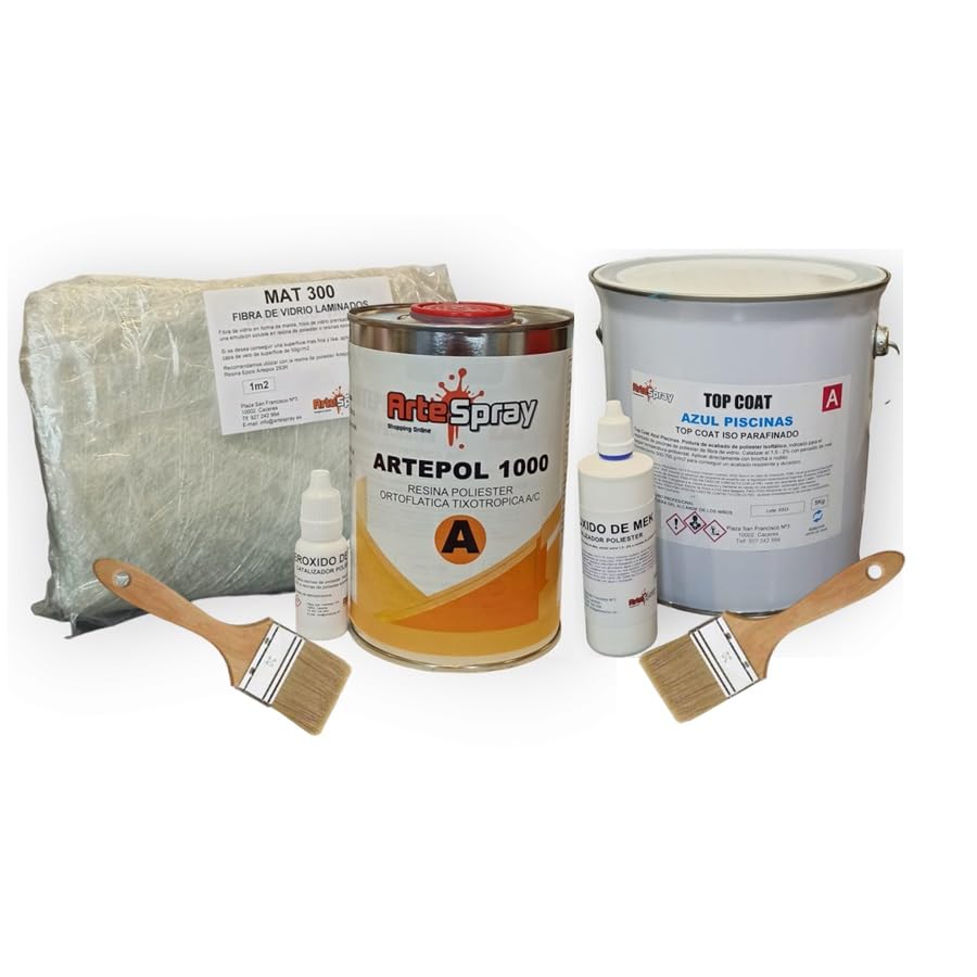 Artespray - Kit Reparación Piscinas Prefabricadas de Fibra de Vidrio (1Kg Resina Poliester, 1Kg Top Coat Azul Piscinas, 1m2 Fibra Mat 300, 2 Peroxido 20gr y 2 Brochas)