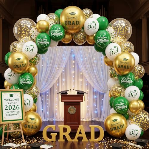 Image of Graduation Balloons, 50 Pcs Green Gold for Class of 2026 Grad Party Decor