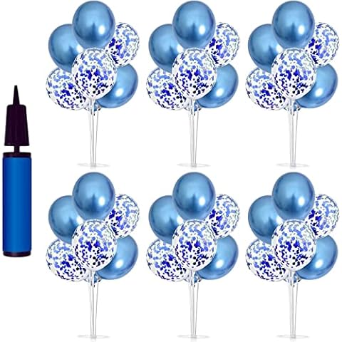 Godeufe 6 Set Table Balloon Stand Kit Centerpiece , Birthday Wedding Party Anniversary Festival Event Decor, 50 Blue Latex Confetti Balloons 42 Sticks 42 Cups 6 Suction Cup Base 1 balloon Hand Pump Cover