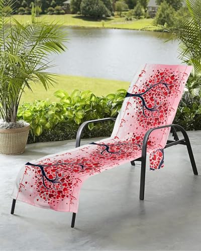 Heart Tree Beach Chair Towel Covers for Chaise Lounge with Side Pocket, Soft Plush Pool Towels Cover for Patio Sunbathing Outdoor 29''x85'' Valentine's Day Romantic Sweet Love