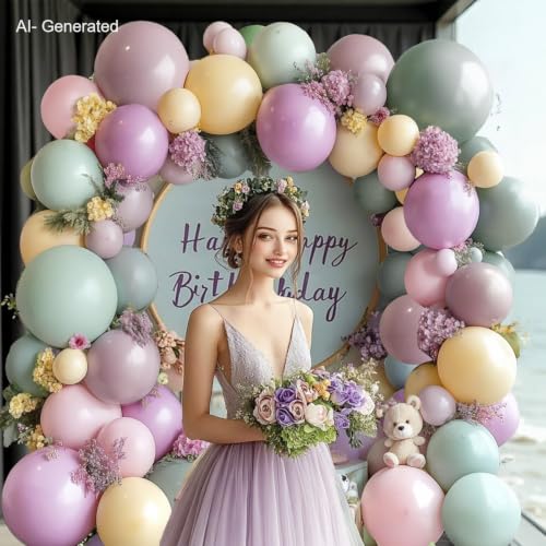 Image of Dusty Green Pink Purple Yellow Balloon arch kit,Double Stuffed Haze Purple Mauve Pink Ivory Sage Green Lilac Light Yellow Balloons Garland for Brithday Wedding Wild Flower Princess Party Decorations