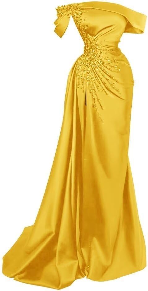 Women Mermaid Beads Prom Dress with Slit Satin Bridesmaid Dresses Long Off The Shoulder Evening Formal Party Gown