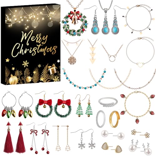Kalolary Calendario de adviento de joyería para mujeres, pulseras de moda navideña, collares,...