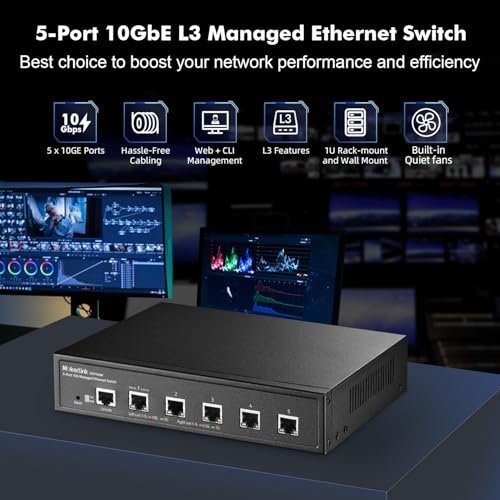 Image of MokerLink 5 Port 10G Managed Ethernet Switch, 10G /5G /2.5G /1G Auto-Adaptive, L3 Web /CLI Managed, Metal Desktop|Rackmount Network Switch