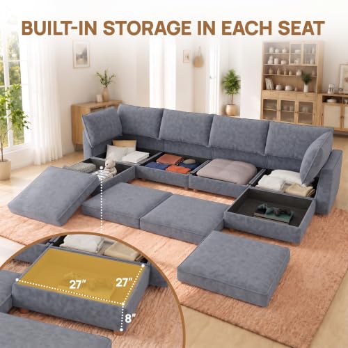 Image of 128 inch Chenille Modular Sofa Bed with Washable Covers & Storage, 8-Seater Modular Sectional Sleeper Sofa Bed with Movable Ottoman Chaise, Convertible Sleeper Sectional Couches for Living Room, Gray