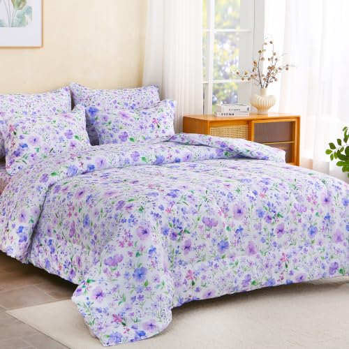 Image of lasoftan Floral Queen Comforter Set with Sheets, 7 piece Luxury Vintage Bedding, Soft Microfiber Bed in a Bag, Cozy Lightweight Bed Set, Purple Green Botanical