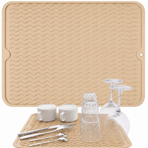 Image of HOMETHREADS Silicone Dish Drying Mat, Silicone Draining Board Mat, Silicone Dish Draining Mats, Kitchen Sink Dish Drainer Mat Racks for Kitchen Counter Protector, (40x30cm Beige)