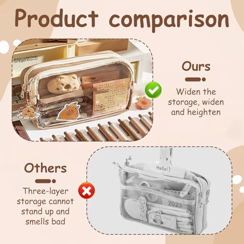 Image of Cute Capybara Pencil Case,Capybara Stationery Comes with 10 Stickers+2 Brooches+Doll*1 Suitable for Storing Stationery 9-Layer Large-Capacity Storage Bag (Brown)
