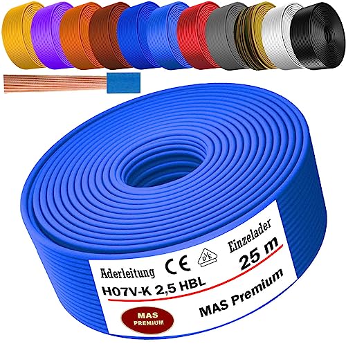 MAS Premium - Cable conductor H07 V-K de 5 a 100 m - 1 x 2,5 mm² SW, HBL, GNGE, RT, DBL, BR, OR, GR, WS, VIO o GE Cable simple flexible (azul claro, 25 m)