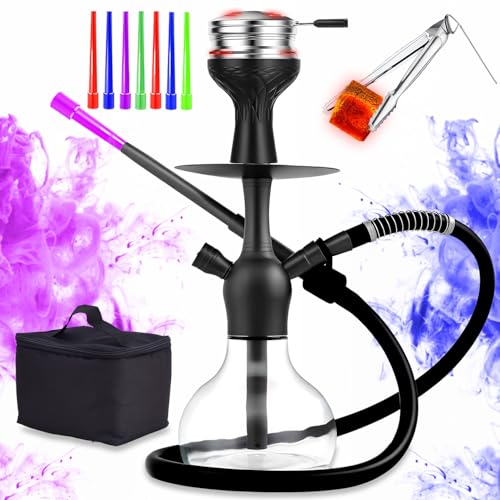 14 Premium Hookah Set - Portable Shisha Kit with Protective Carrying Case Featuring Silicone Hose Stainless Steel Bowl & Integrated Charcoal Tray (A-Black)