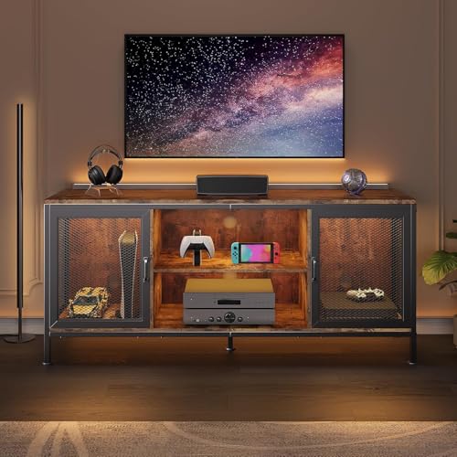 Gizoon TV Stand for TV up to 65 Inch with Storage, 3-Tier Wooden TV Console Table with Doors and Shelf, Modern Gaming Entertainment Center for Living Room Game Room or Home Office, Rustic Brown
