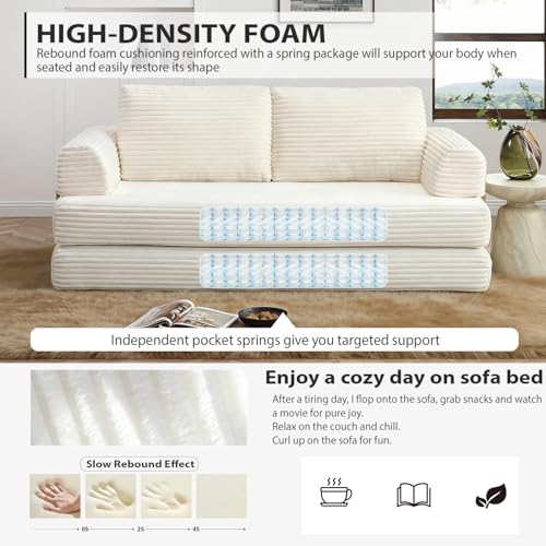 Image of HANXIN 80 Inch Convertible Sleeper Sofa Bed, High Back Plush Corduroy Folding Floor Mattress Couch with Fixed-Shape Frame, Boneless Futon Loveseat with Pull Out Bed, No Assembly Required (Beige)