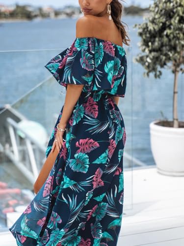 Image of CUPSHE Women Ruffle Floral Maxi Summer Dress Off Shoulder Short Sleeve Backless Flounce Bodice Slit Hem Beach Dresses