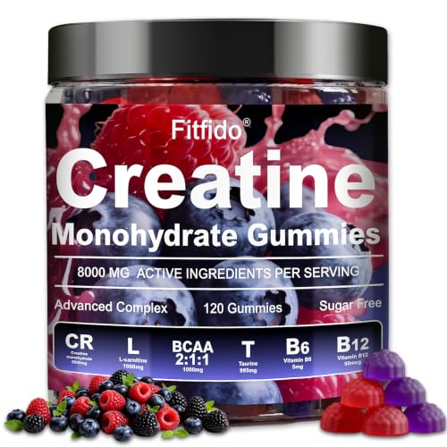 Creatine Monohydrate Gummies Complex 5000mg for Men and Women, Containing L-carnitine & Taurine, Build Muscle, Boost Energy, Faster Recovery, Sugar Free & Vegan, Raspberry & Blackberry, 120 Count
