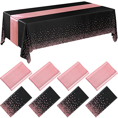 Image of Breling 8 Pack Black and Rose Gold Disposable Plastic Tablecloths and Satin Table Runner Set, 54 x 108 Inch Tablecloth, 12 x 108 Inch Table Runners for Wedding Graduation Birthday Baby Shower New Year