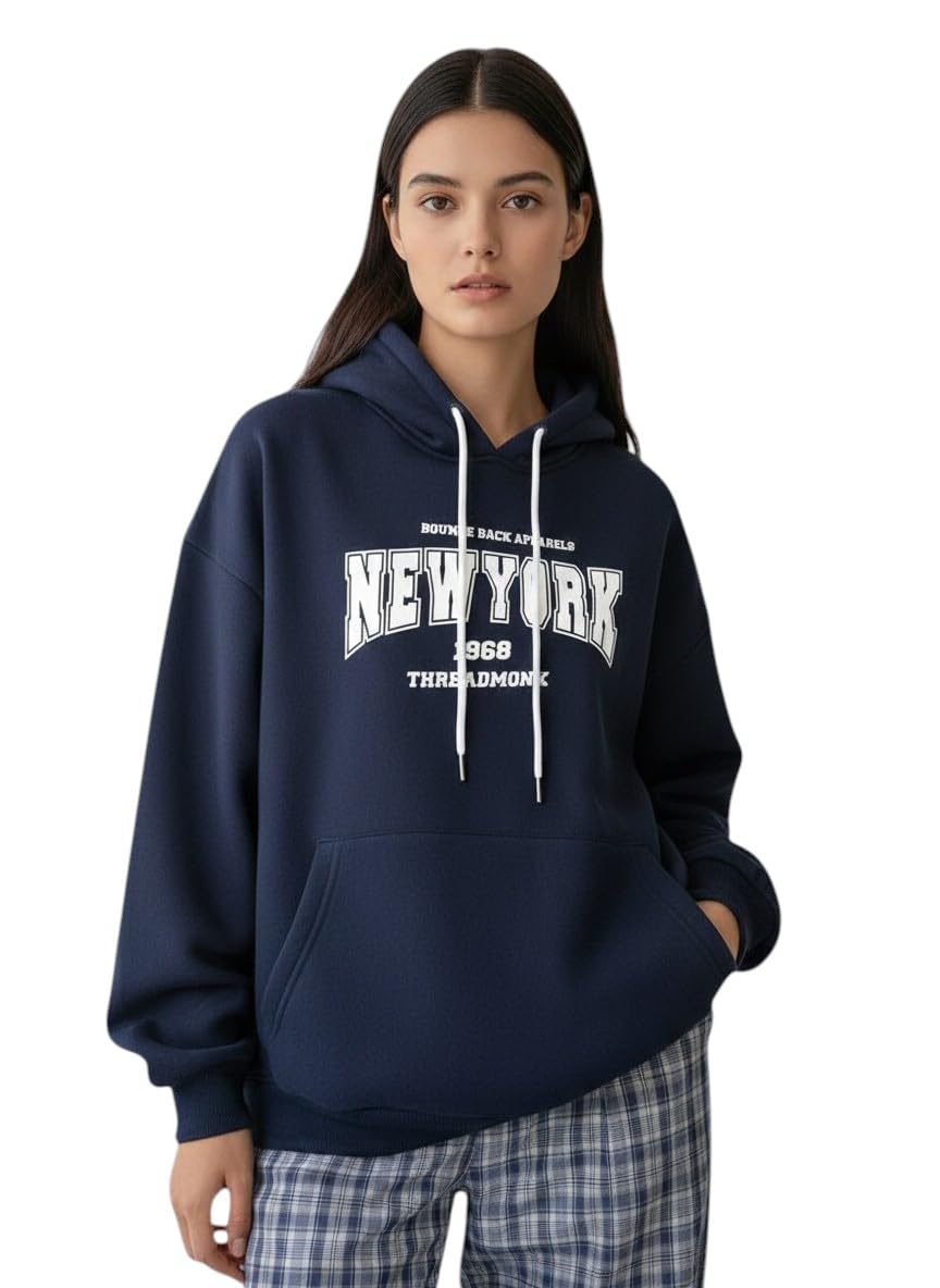thread monk New York Navy Printed Women’s Hoodie | Full Sleeve Hooded Sweatshirt for Women | Soft Cotton Blend | Casual Winter Wear-picture-24