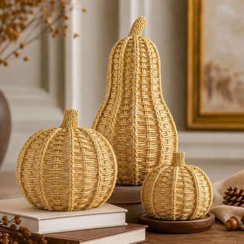 Pumpkin Decor 3PCS Fall Decorations for Home, Simulated Wooden Ca...