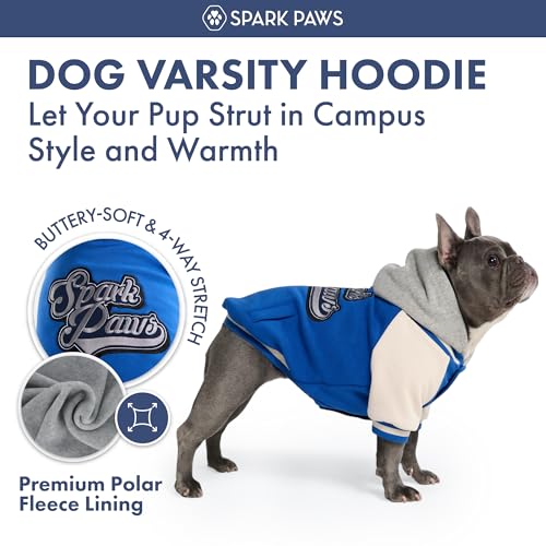 Image of Spark Paws Varsity Dog Hoodie - Premium Dog Sweater for Small, Medium, and Large Dogs | Warm Clothes for Pets, Winter Jacket Alternative - Blue - XL