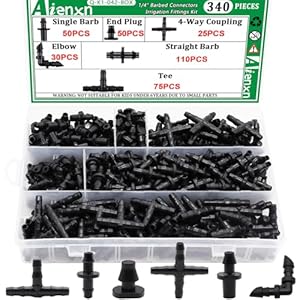 340PCS 1/4″ Drip Irrigation Kit Barbed Connectors, Straight Barb, Tee, Single Barb, End Plug, Elbow, 4 Way Coupling Irrigation Fittings for Garden Lawn Flower Pot