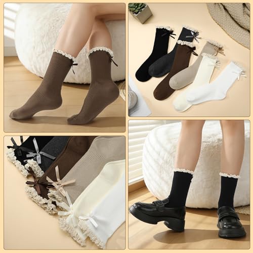 Image of 6 Pairs Womens Bow Socks Ruffle Casual Crew Socks Cute Black White Soft Breathable Cotton Frilly Ankle Socks