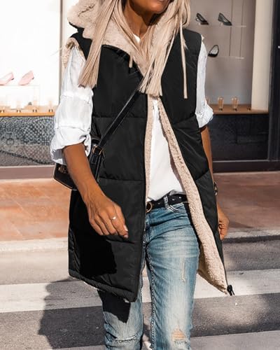 BTFBM Fall Long Puffer Vest Women Sleeveless Hooded Reversible Fleece Sherpa Jacket Zip Up Winter Coat Outerwear Vests2