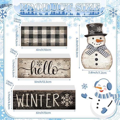 Image of Moucuny 4 Pcs Snowman Christmas Decor Winter Table Decorations Christmas Tiered Tray Decor Winter Centerpiece Decorations Indoor Rustic Wooden Snowman Block Sign Gift Farmhouse for Home Kitchen Shelf