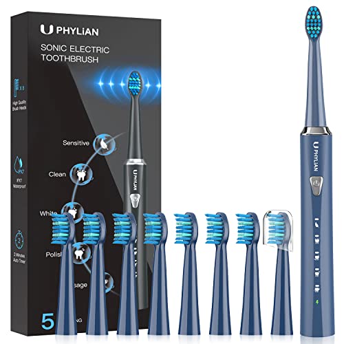 Schall Brosse à dents électrique PHYLIAN Sonic Brosse à dents électrique avec 8 brosses de rechange, 5 modes de brossage, minuteur, charge 3 heures, dure 60 jours (bleu), HH06007 Cover