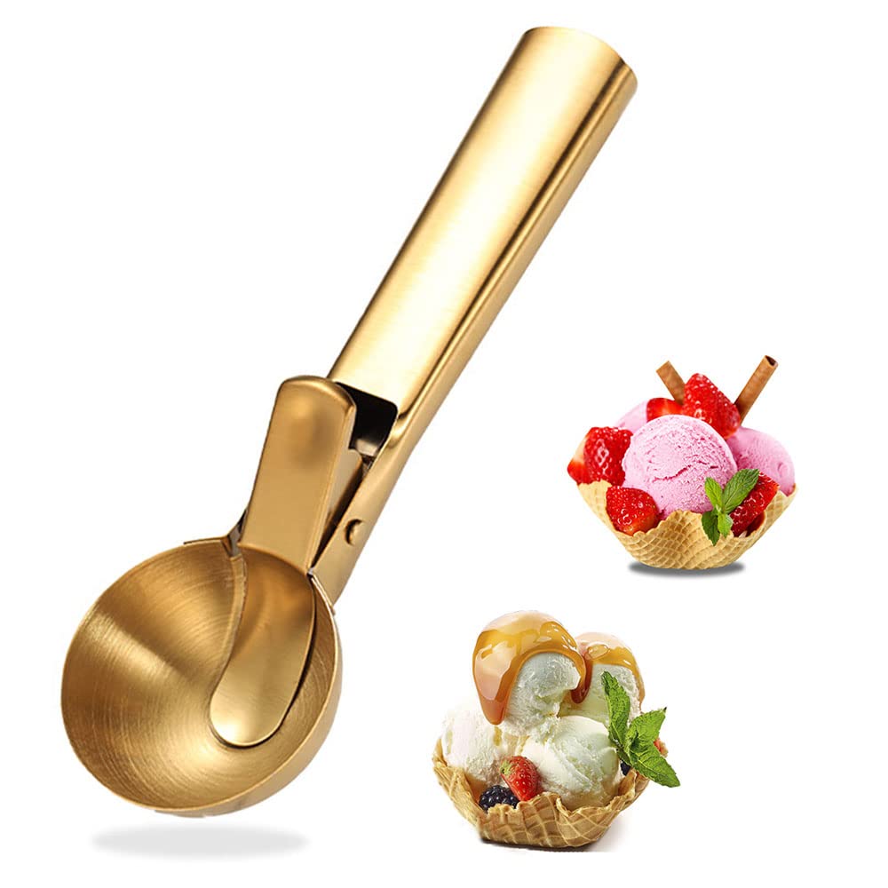 Ice Cream Scooper Stainless Steel, Cookie Scoopwith Trigger Heavy Duty Metal Icecream Scoop,Cookie Scoop Large Size Perfect For Frozen Yogurt, Gelatos, Sundaes (C-Gold)