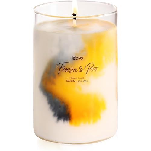 IZIDDO Scented Candles,Freesia & Pear Extra Strong Scented Candles,15oz Larger Gray Marble Candle for Home Decor,Handmade Tie-Dye Soy Candles Gifts for Women,Men
